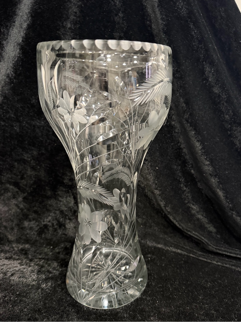Vintage Crystal Etched Cut Floral Glass Vase - Clear